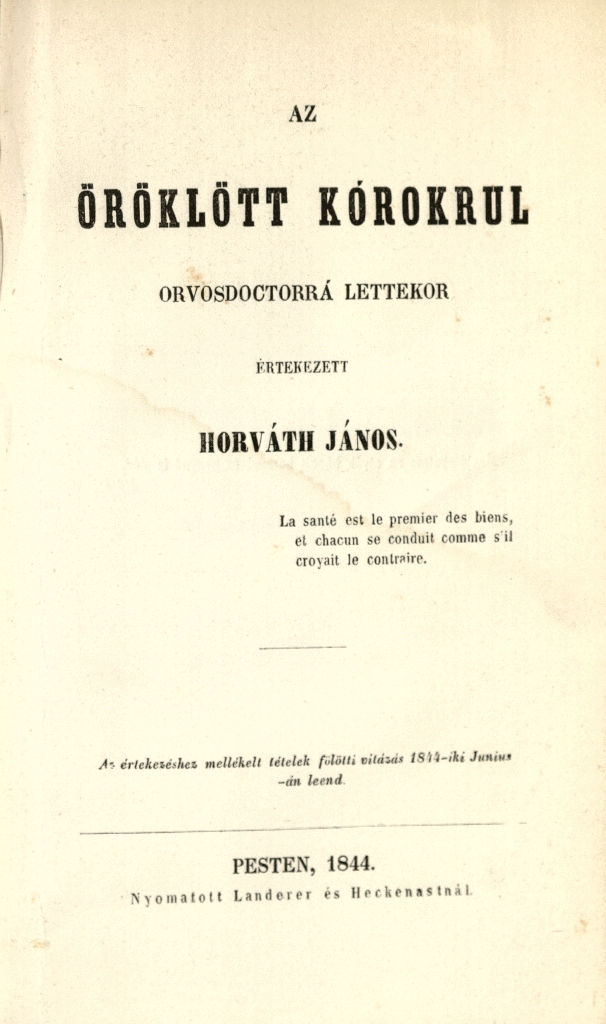 Horváth János: Az öröklött kórokrul, 1844