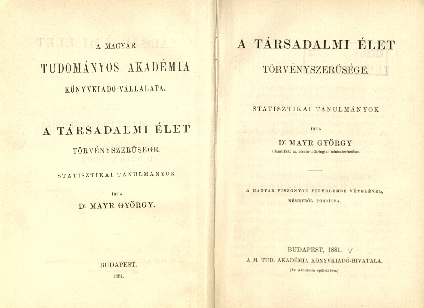 Mayr Fyörgy: A társadalmi élet törvényszerűsége, 1881
