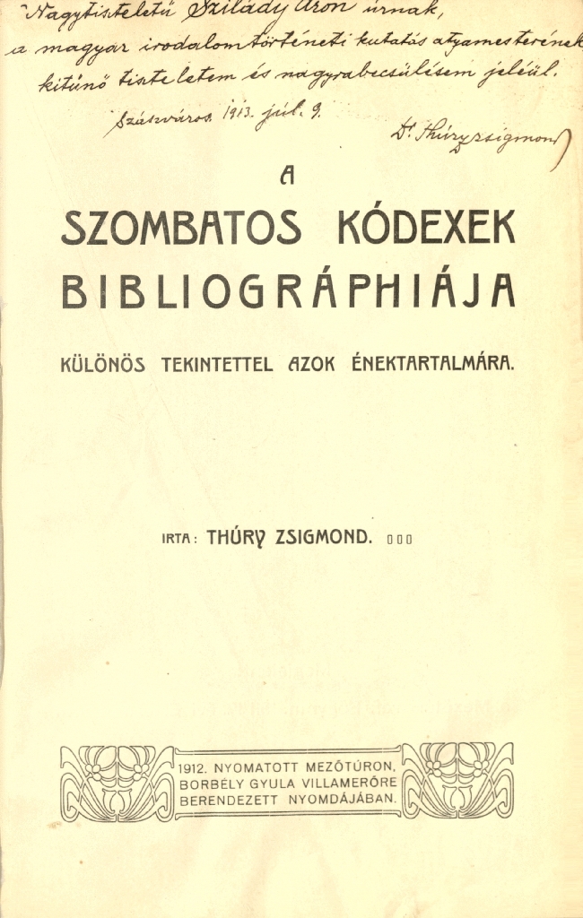 Thúry Zsigmond: A szombatos kódexek bibliográphiája, 1912