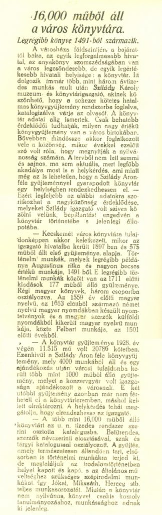16000 műből áll a város könyvtára - Kecskeméti Közlöny, 1929. ápr. 12.