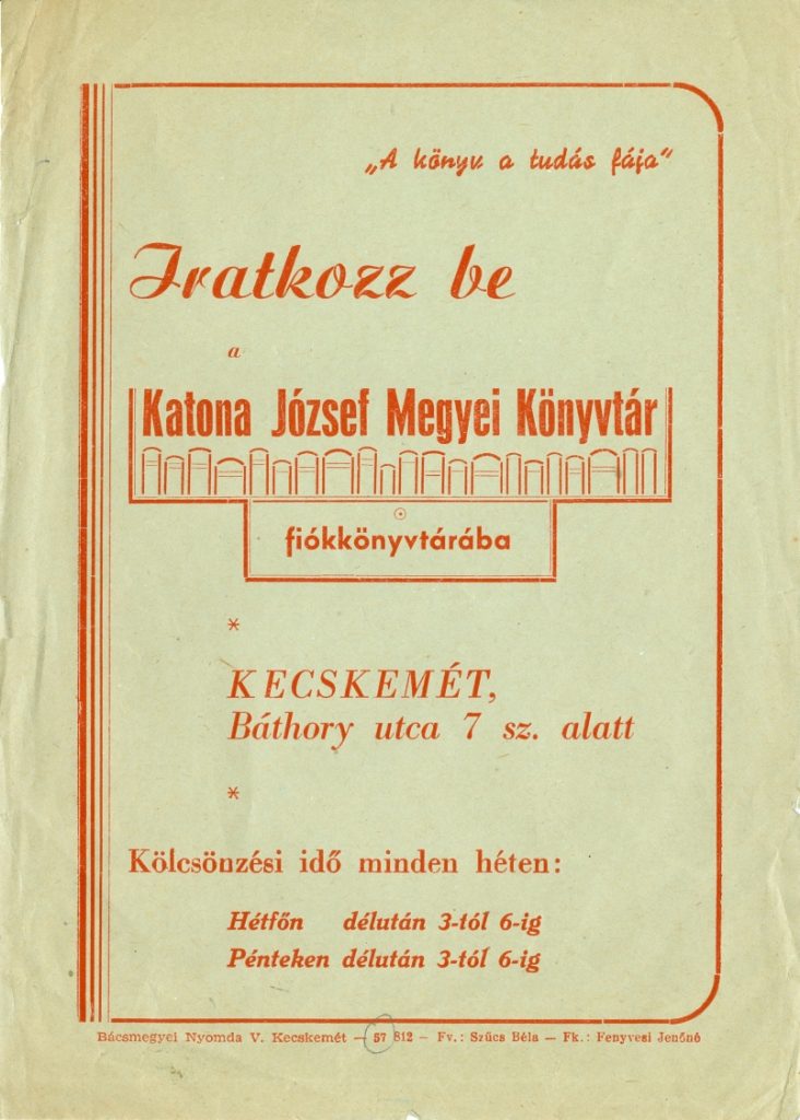 Az első fiókkönyvtár szórólapja, 1957
