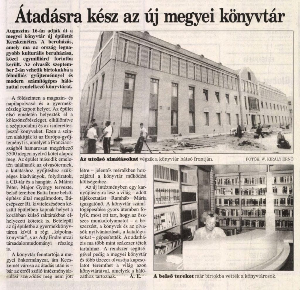 Átadásra kész az új megyei könyvtár - Petőfi népe, 1996. augusztus 8.