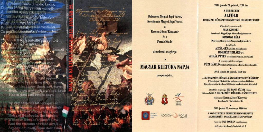 A debreceni Alföld folyóirat estje a Forrás szervezésében a Magyar Kultúra Napja alkalmából, 2012. január 20.