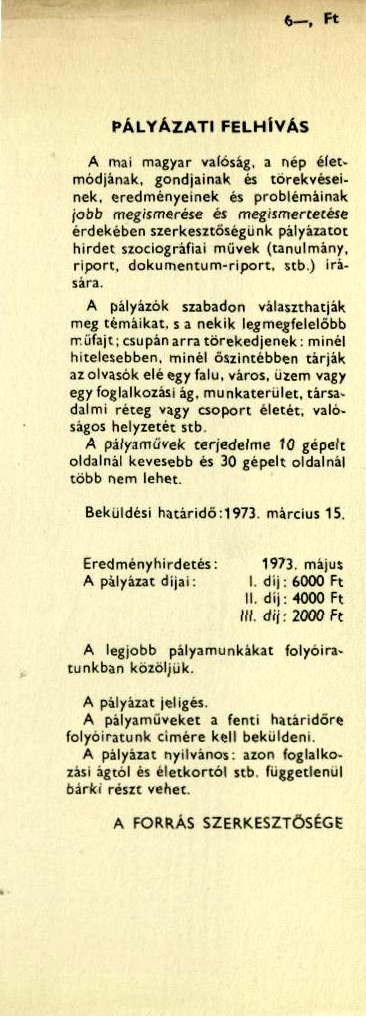 Pályázati felhívás 1973-ban