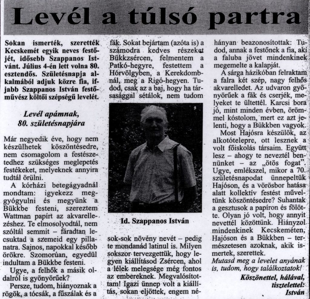 Levél a túlsó partra In: Kecskeméti lapok. - 99. évf. 26. sz. (2003. júl. 10.)