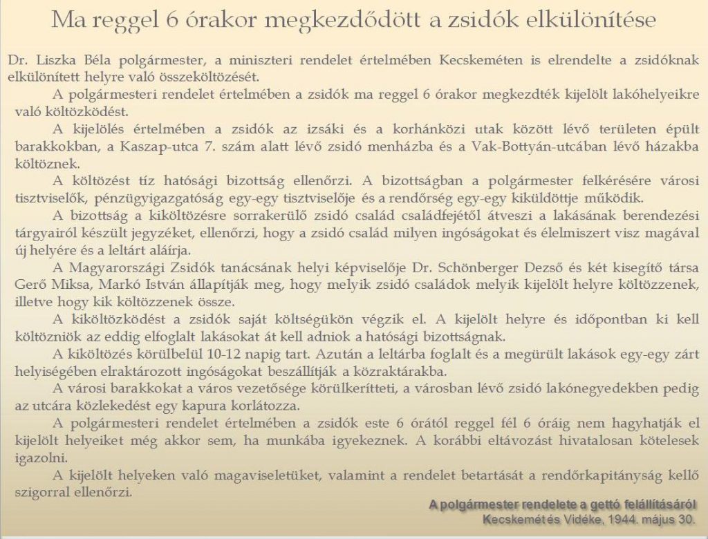 A polgármester rendelete a gettó felállításáról - In: Kecskemét és Vidéke, 1944. május 30.