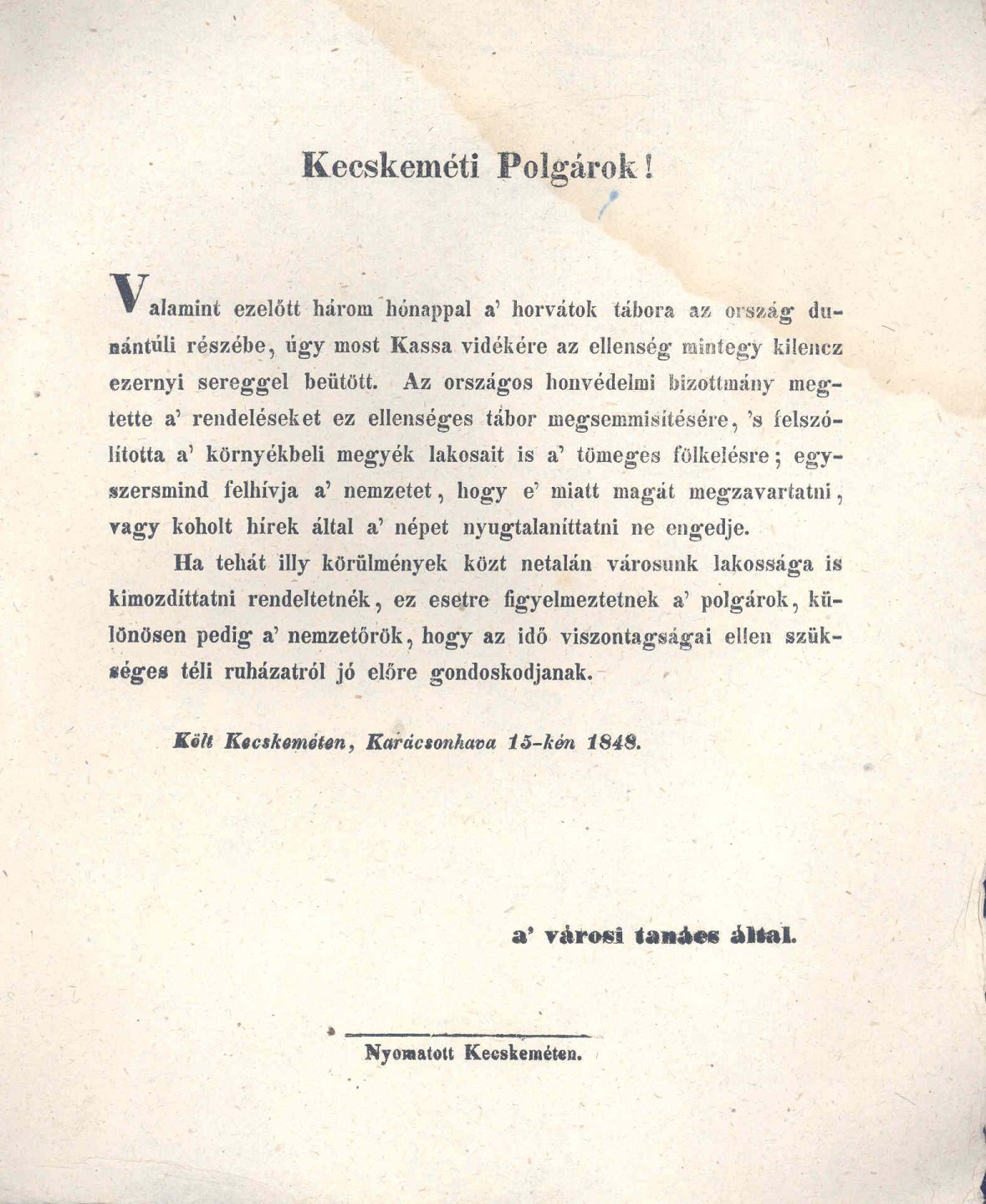 Kecskeméti Polgárok! - 1848. december 15.