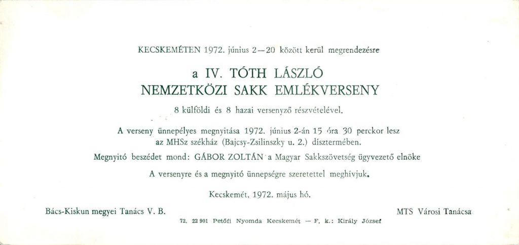 Az 1972. június 2-án megrendezett Tóth László Emlékverseny meghívója