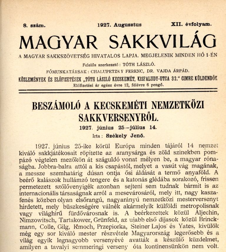Magyar Sakkvilág - 1927. augusztus