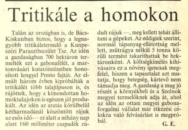 Tritikále a homokon / G. E. In: Petőfi népe. - 46. évf. 181. sz. (1991. aug. 3.), p. 3.