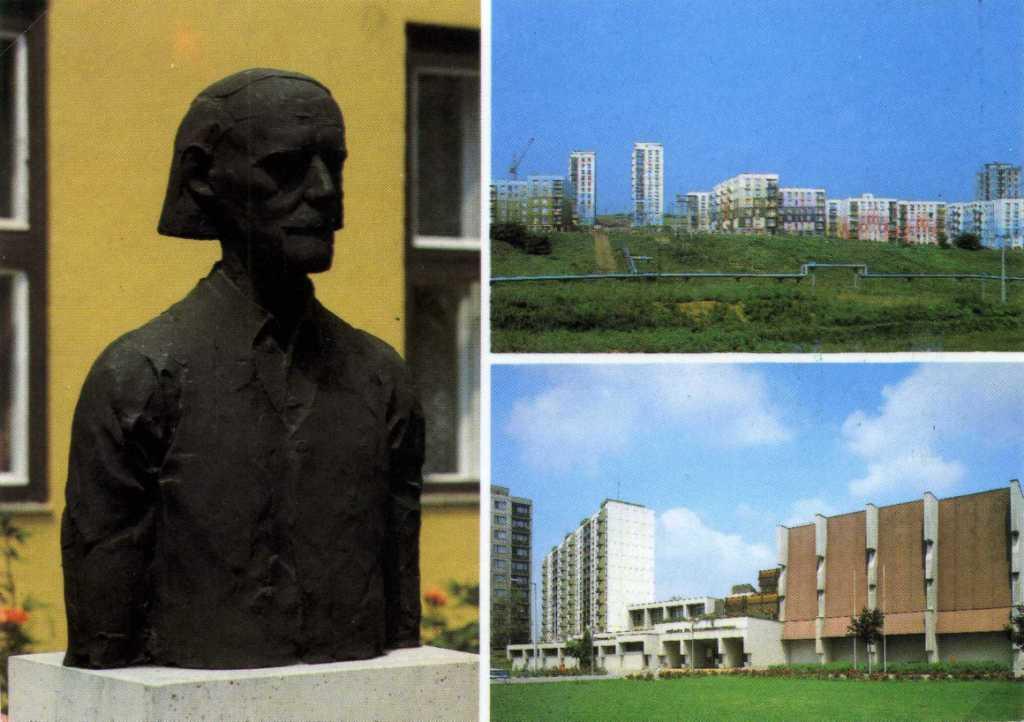 Kodály bronz mellszobra Komlón, az iskola udvarán. Fritz János alkotása, 1970.