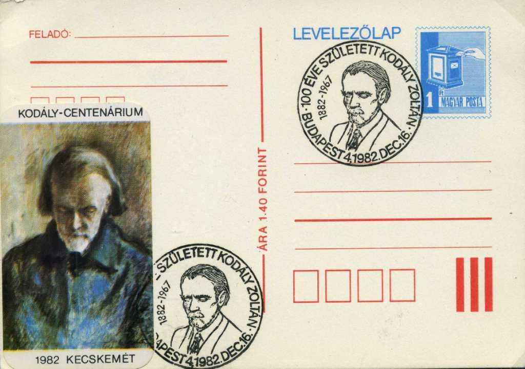 Alkalmi bélyegzés Kodály születésének 100. évfordulóján.